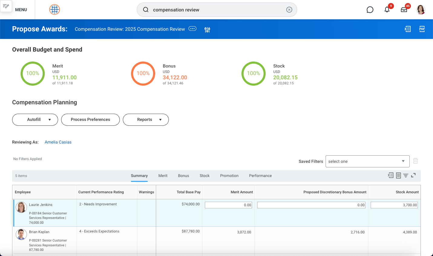 screenshot of Workday Compensation